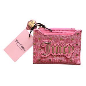Juicy Couture Pink Heart Print Card Case Wallet With Gold Logo Accent Zipper Coi